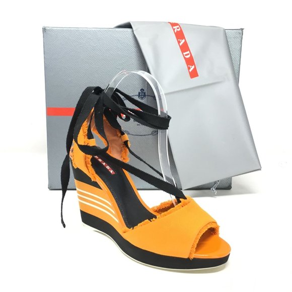 NEW Prada Lace Up Sandals Size 37.5/7.5 US Orange - Picture 1 of 10